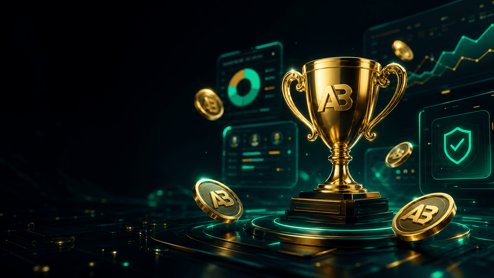 Gold AnyBet trophy with emerald virtual-credit prediction market glow